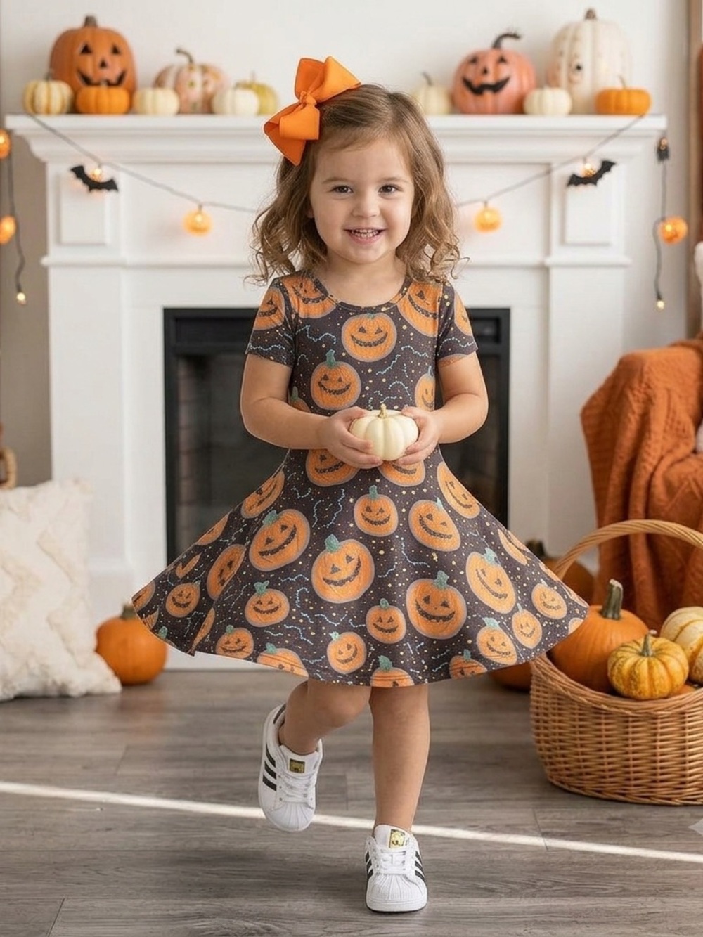 Girls Halloween Pumpkin Print Dress - Orange and Black